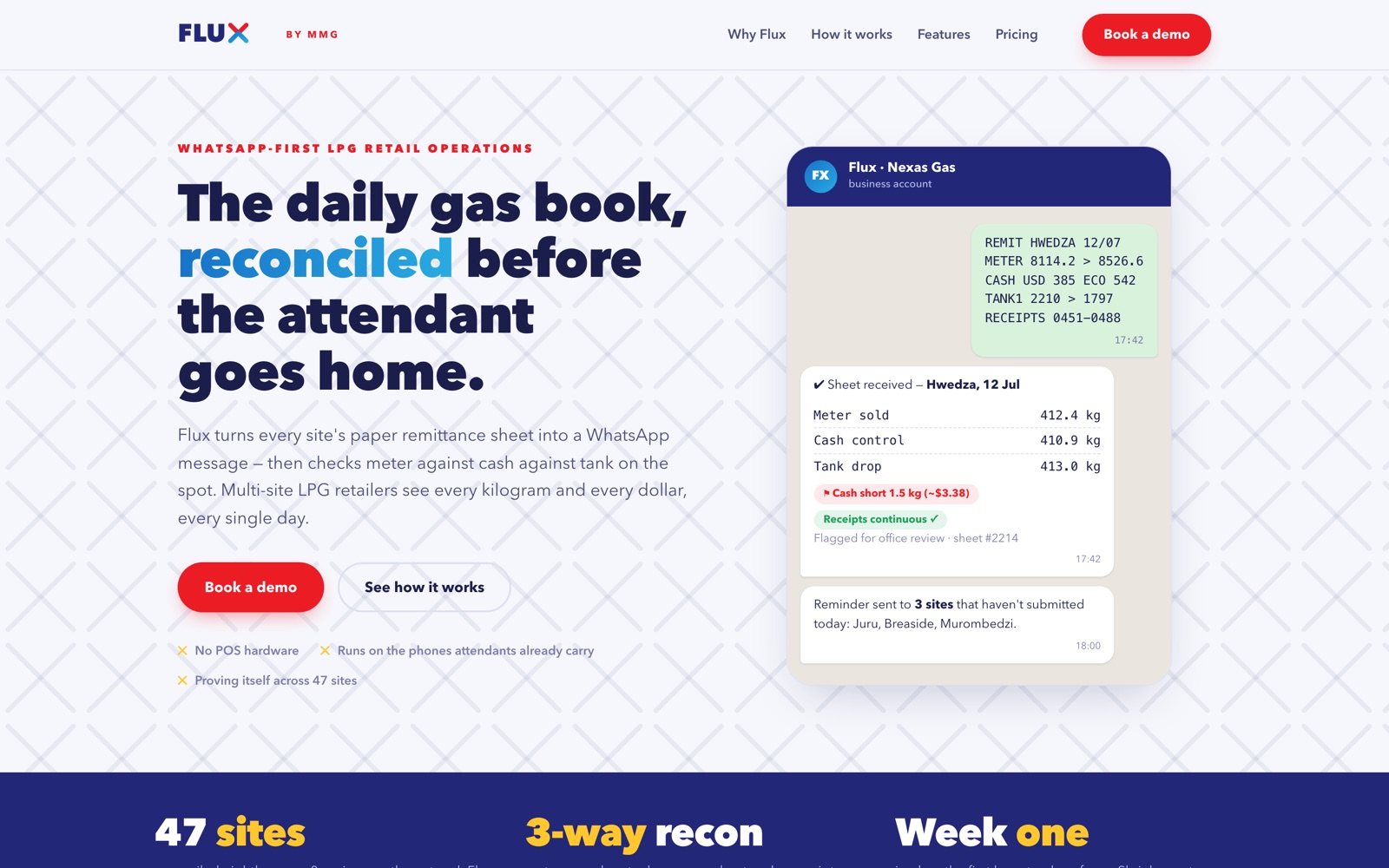 FLUX — WhatsApp-first LPG field operations, reconciled remittance sheets
